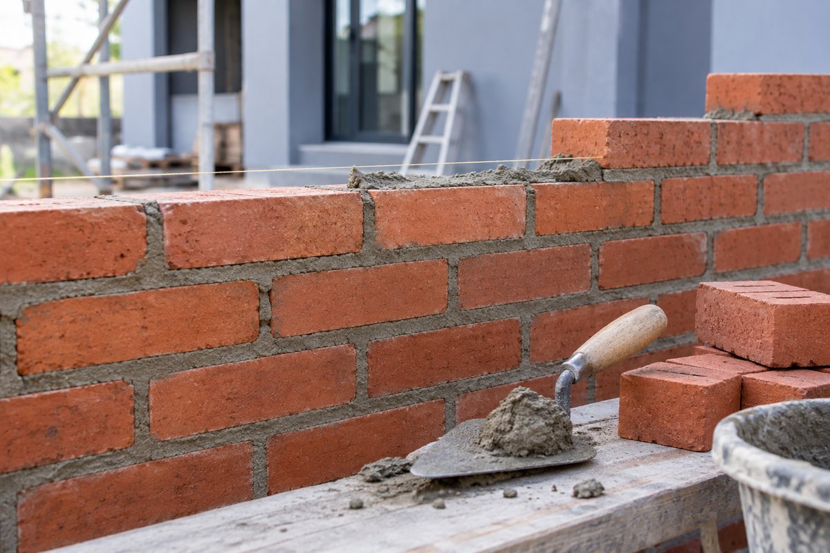 Albañilería: pared de ladrillos en construcción y herramientas de trabajo